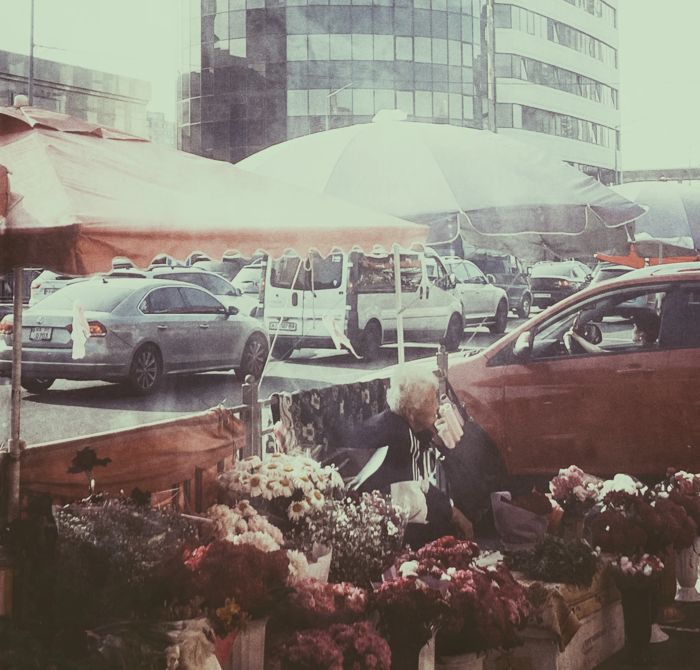 Flower market under umbrellas with cars and a glass building behind